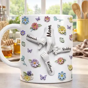 Personalized Holding Hands Family Mug, Custom Names Keepsake Coffee Cup, 2D Printed 3D Effect, gift for her, gift for him, gift for mom, gift for dad, gift for friend, birthday gift mug.
