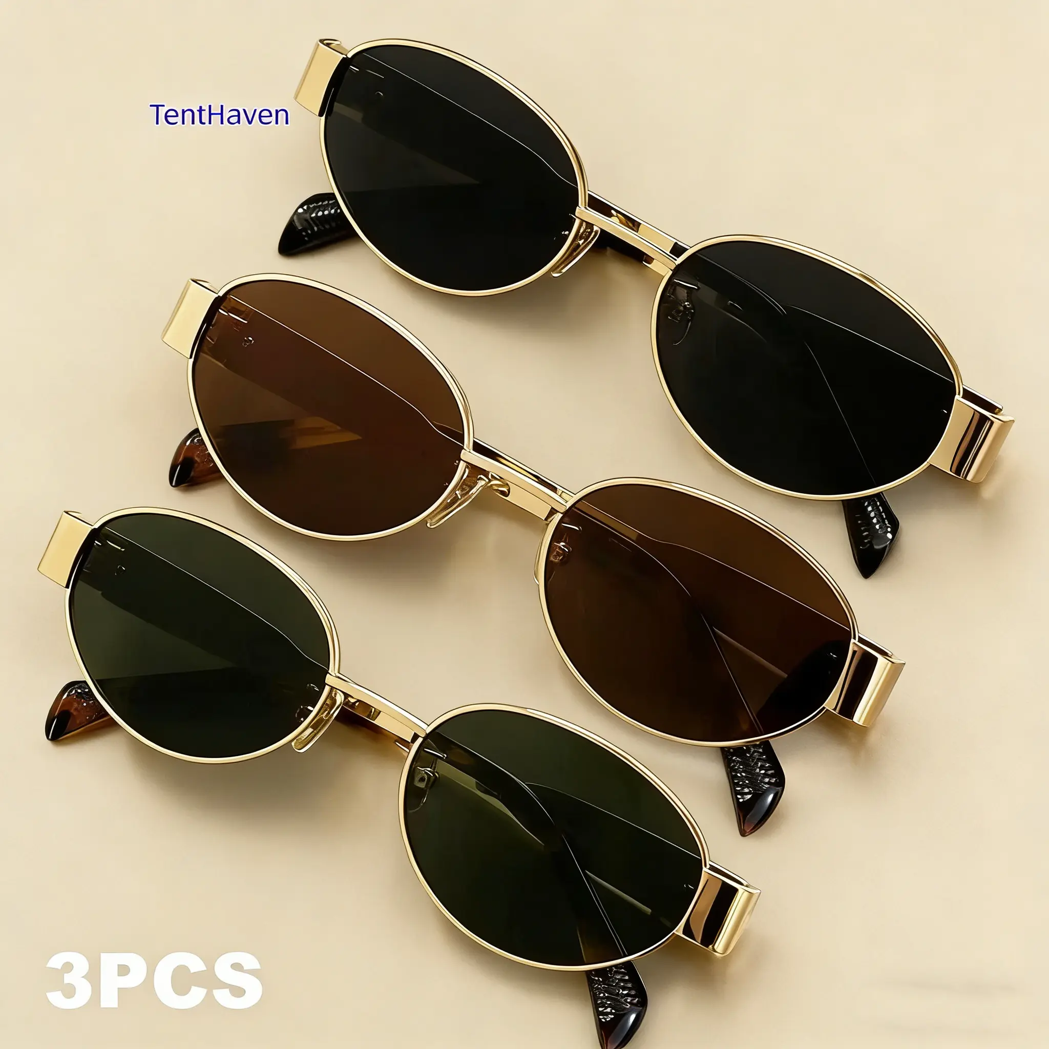 Women's 3-Pack Versatile Sunglasses, Modern Oval Gold Metal Frames, Tinted Lenses, Durable Casual Accessories for Beach & Daily Outdoor Activities