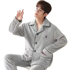 Men's Long-Sleeve Fleece-Lined Pajama Set with Pants - Breathable, Aesthetic, Luxury Minimalist, Thick Coral Fleece Nightwear for Autumn-Winter Cozy Loungewear