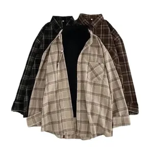 Women’s Vintage Plaid Long-Sleeve Oversized Button-Up Shirt, Korean Style, Casual Autumn Outerwear Top