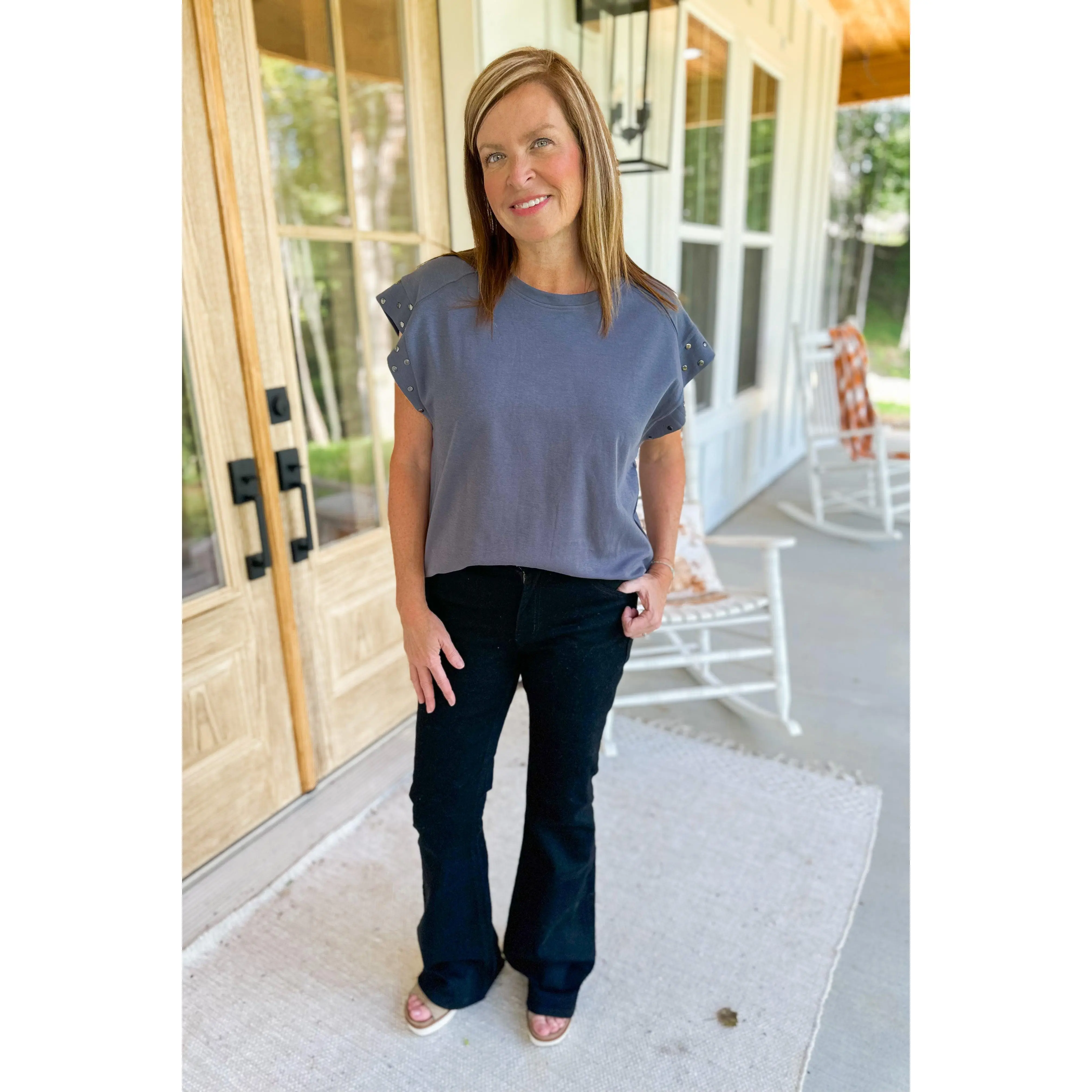 Elijah Short Sleeve Round Stud Detail Neck Top *FINAL SALE*