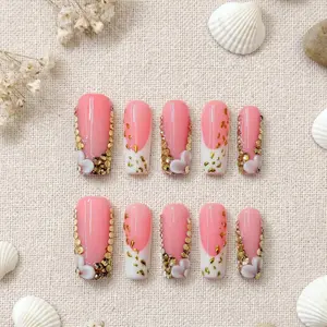 Divineluxe Nails｜10PCS 100% Handmade Press-On Nails｜Reusable Colorful Art Acrylic Stylish｜Pink French with Gold Sequin & 3D Heart｜D159 1.2 Inch