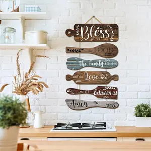 Vintage Wood Wall Decor Set, Bless the Food Sign, Wooden Fork Knife Spatula Kitchen Tools, Rustic Country Style, Decorative Home & Room Decoration