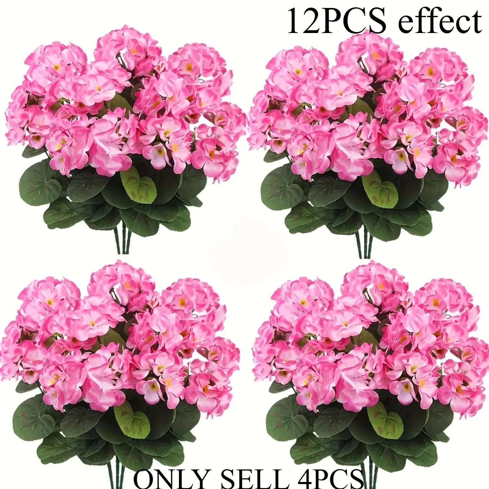 4pcs = 120 Flowers UV-Resistant Geranium - Bright Pink Artificial Flowers with Green Leaves, Artificial Flower Arrangements, Faux Flower Decoration, Indoor and Outdoor, Porch Decor, Garden, Patio, Home Center Decorations, Wedding and Engagement Occasions