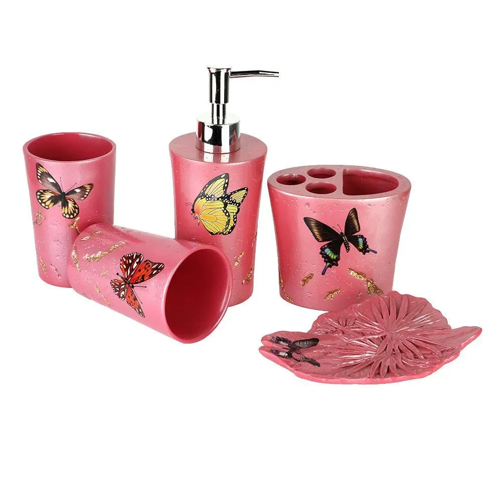 Watson 5-Piece Durable Vibrant Retro Resin Freestanding Bathroom Accessory Set - Vibrant Colors, Butterfly-Adorned (Yellow,Pink,Black,Red), Bathroom Decor Ideas, 2 Tumblers, Lotion Dispenser, Toothbrush Holder, Soap Dish, Well-Organized for Teens, Adults