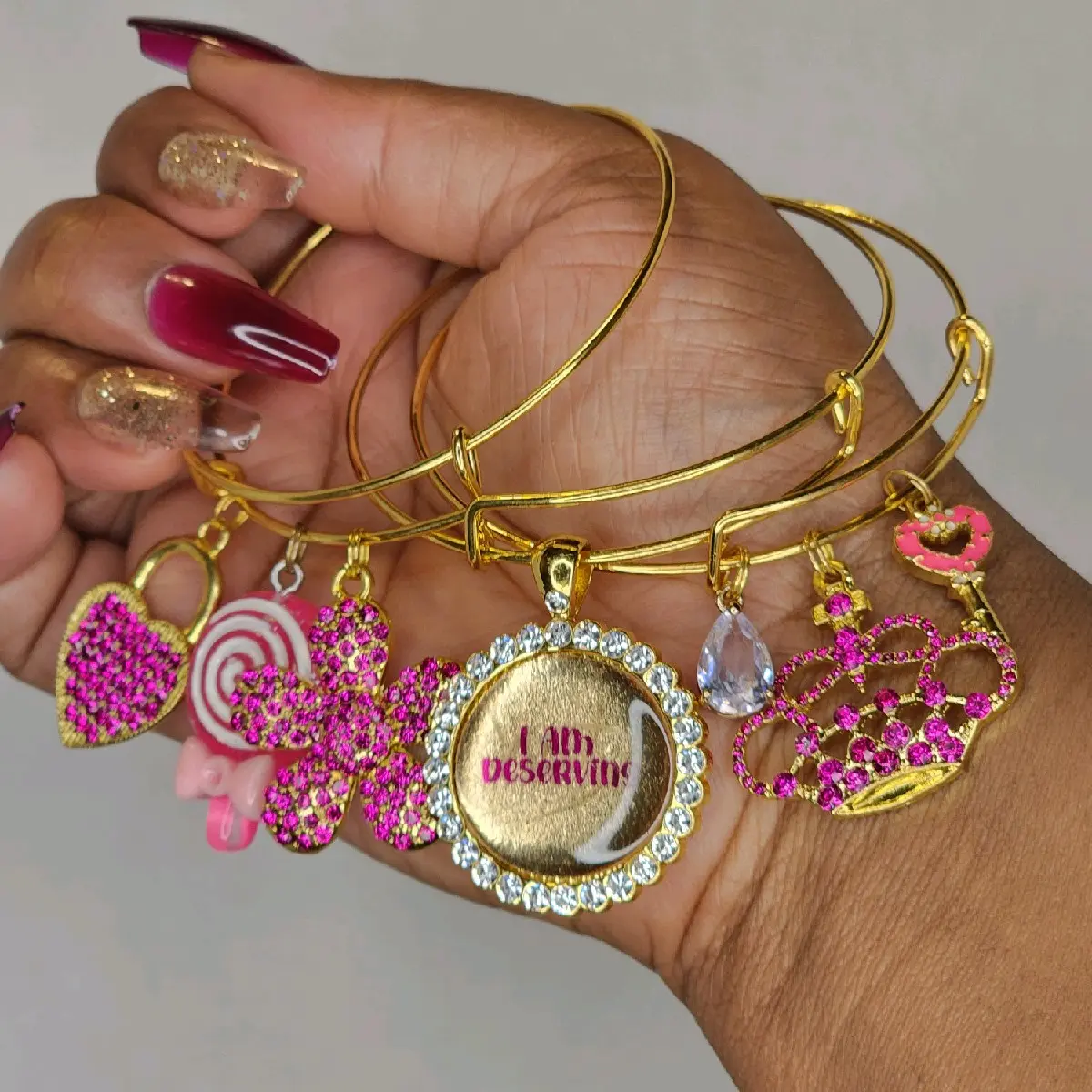 I Am Deserving Affirmation Manifestation Dark Pink Gold Bangle Set