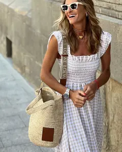 2026Summer Gingham Smocked Tiered Maxi Dress for Women, Square Neck Sleeveless Flowy Sundress, Elastic Waist Casual Boho Long Dress for Beach, Vacation & Everyday Wear