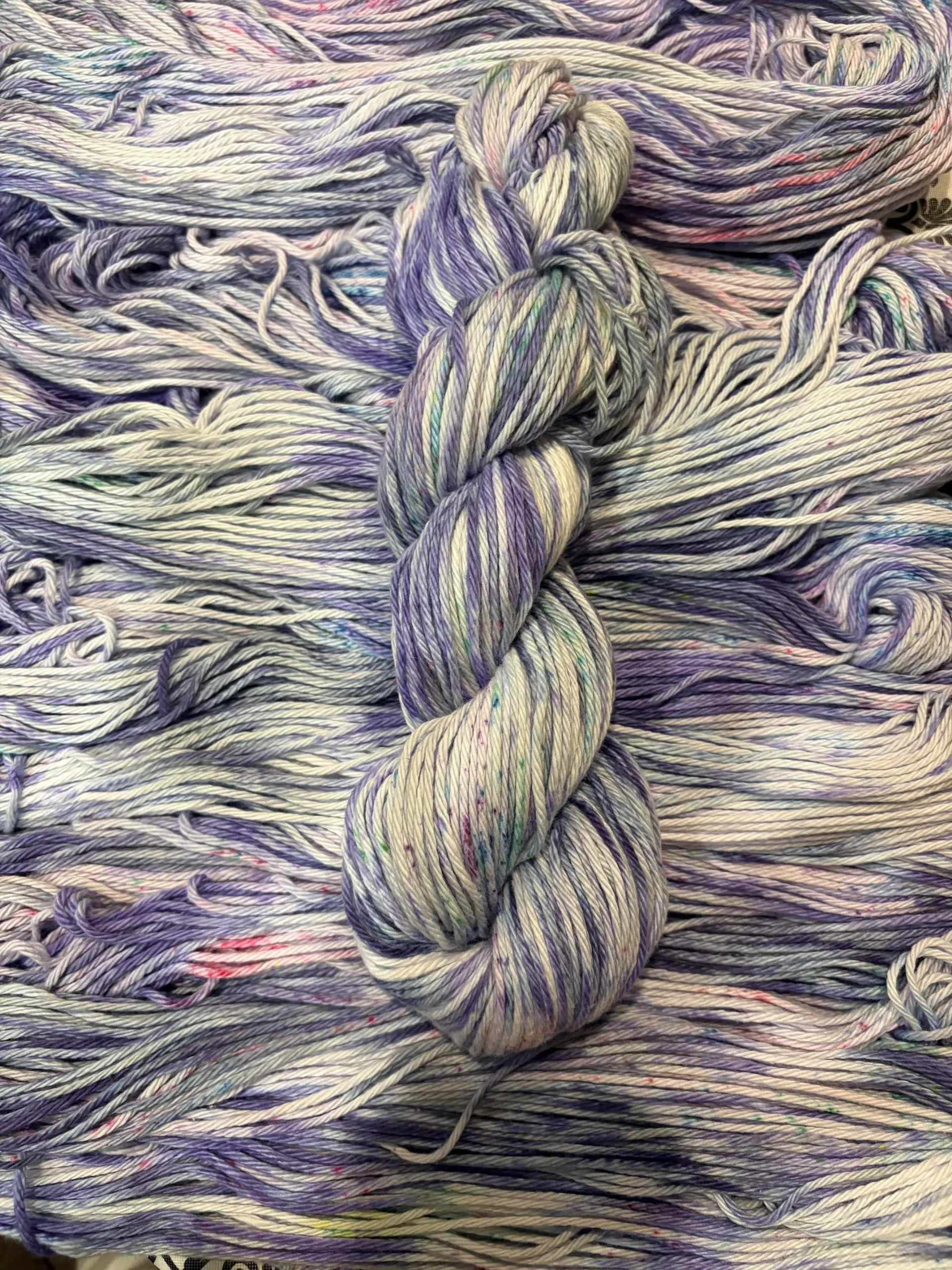Lilac Bouquet | Hand Dyed Cotton Yarn | Cool Purple White Rainbow Speckle | Crochet Yarn | 100g/160yds