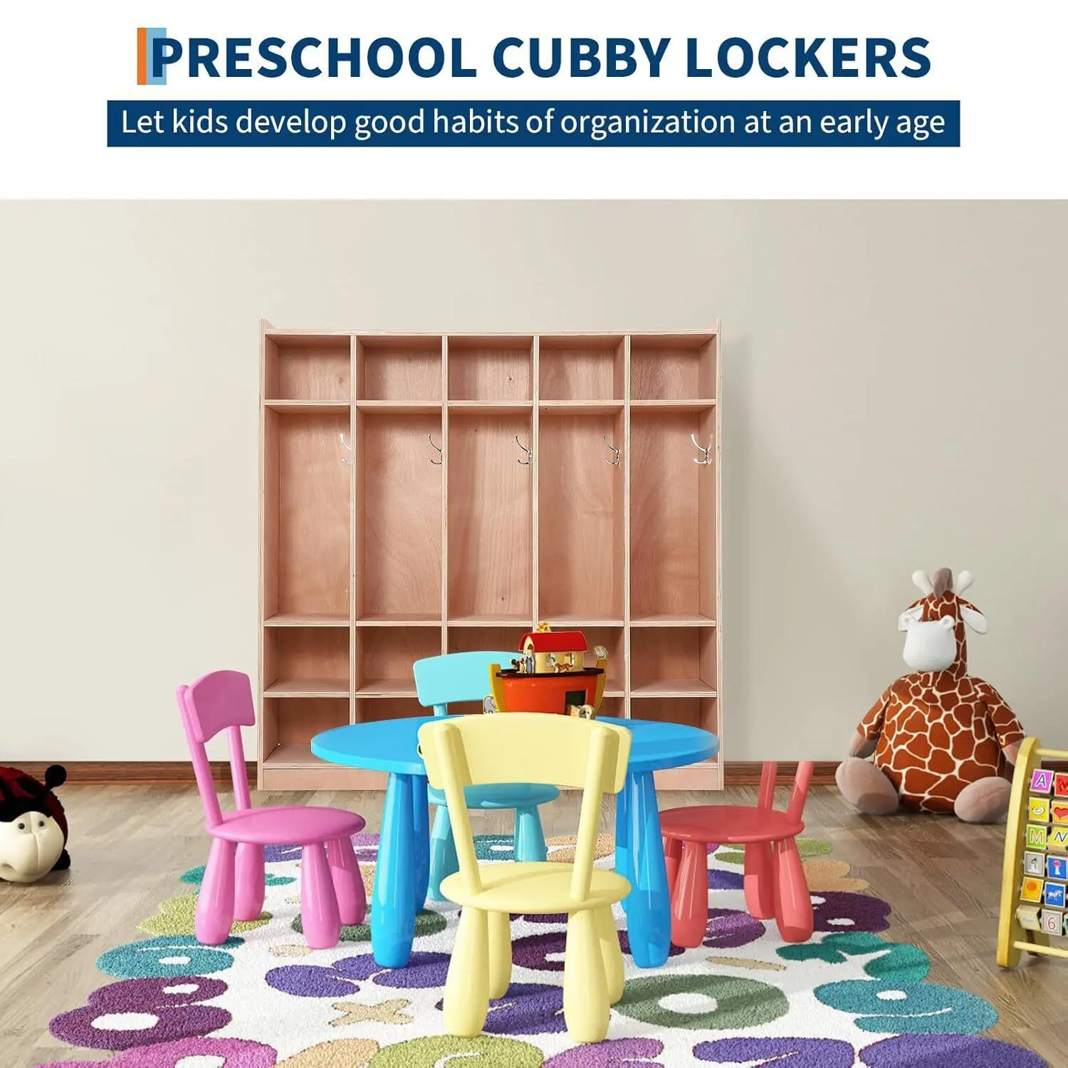 Gaomon 5-Section Plywood Classroom Coat Locker with 15 Cubbies, Anti-Tip Anchors, 4 Casters, 5 Hooks, 2 Storage Boxes for Classroom, Home School, Kindergarten