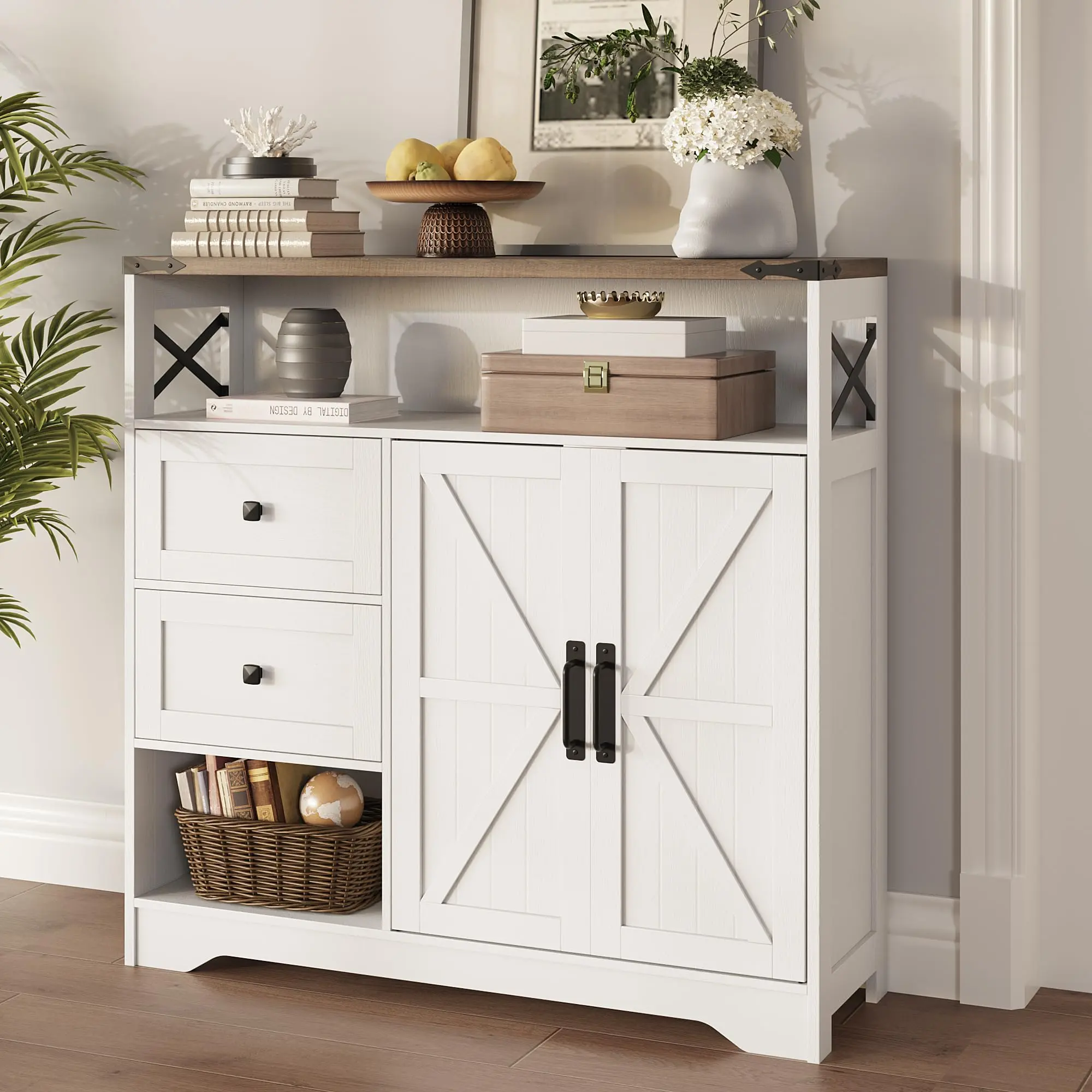 [Summergarden] Vabches Farmhouse Storage Cabinet with Drawers and Open Storage,Freestanding Kitchen Pantry Storage Cabinet with 2 Barn Doors, Floor Storage Cabinet for Kitchen, Living Room