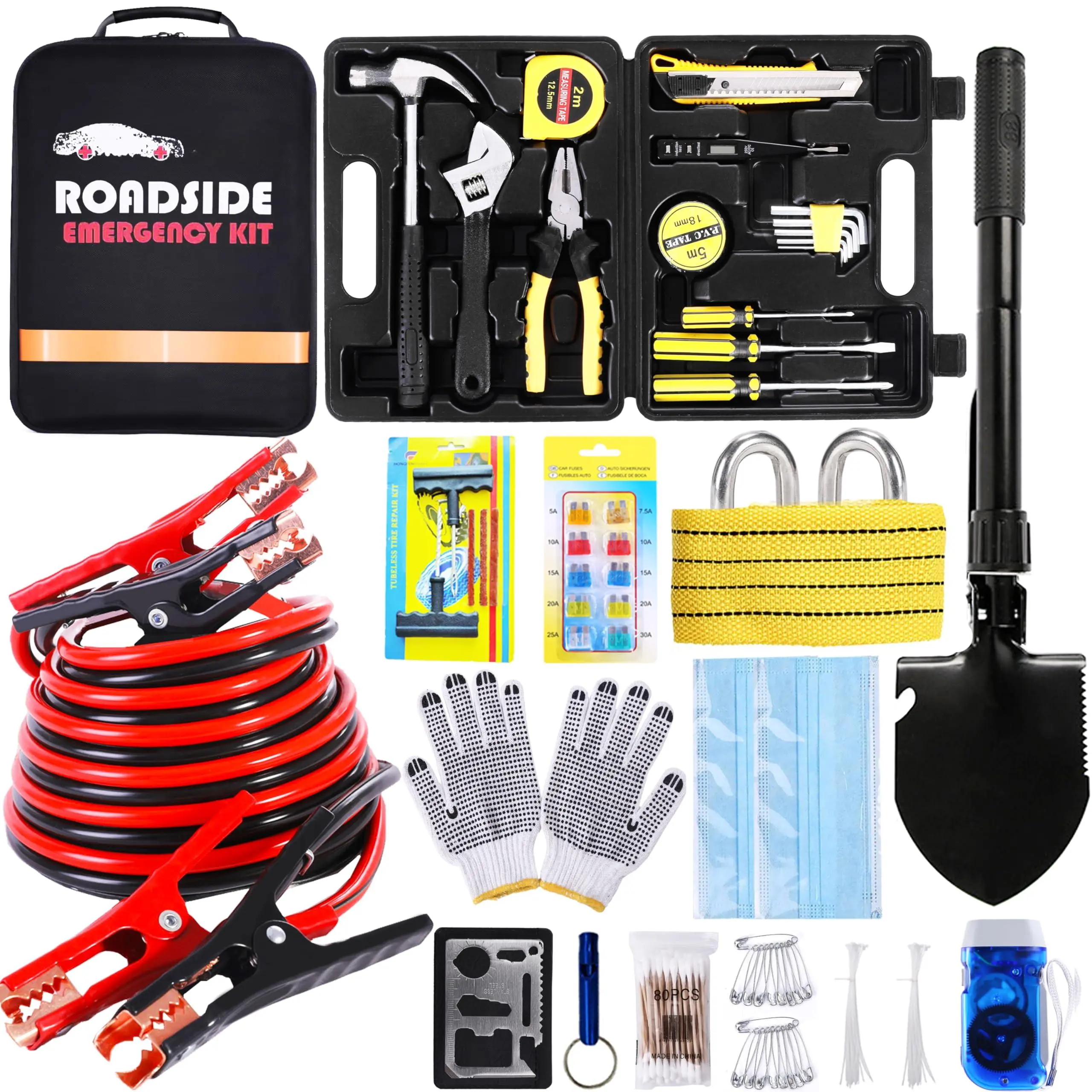 Emergency Roadside Kit For Car Kits Safety Cars  Jumper Cables Kit(11.8 Foot Upgrade) 124 Tow Strap Folding Shovel Tool