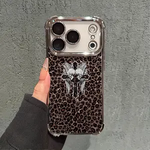 Dark Double Skeleton Cross Leopard Print Silicone Softshell Phone Case - Airbag Anti-Drop Casing for iPhone 11,12,13 Pro,14 Plus,15 Pro Max,16 Pro,17 Series - Smartphone,Cellphone,Handheld Accessories