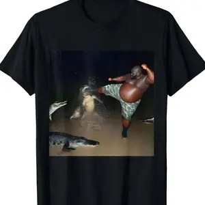 Women's Short-Sleeve Novelty T-Shirt - Hoodie Fabric Sweatshirt-Inspired Top, Man Kicking Alligator in Swamp Funny Oddly Specific Meme Design, NV7