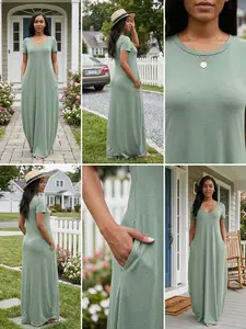Women's Casual Commuter Plain Short Sleeve Dress with Pockets, Loose Fit Summer & Fall, Essential Beachwear