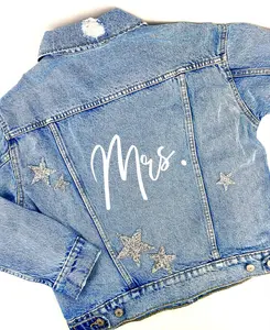 Personalized Custom Jean Denim Jacket Bride Mrs. Bridesmaid Wifey Nashville Miami Vegas Summer Winter Wedding Engaged Engagement Gift Bachelorette diamond rhinestone womens girl country silver gold pink glitter red purple rainbow
