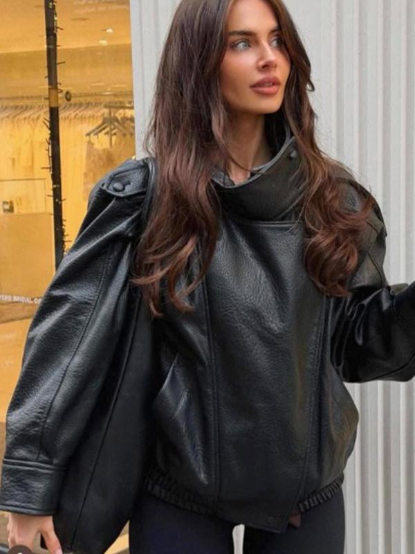 Women's Faux Leather Jacket New In Coats Demi-Season Black Brown Jacket Short Coat Spring Asymmetric Zip Motorcycle Jacket Streetwear Long Sleeve Red Aviator Jacket Womens Coat