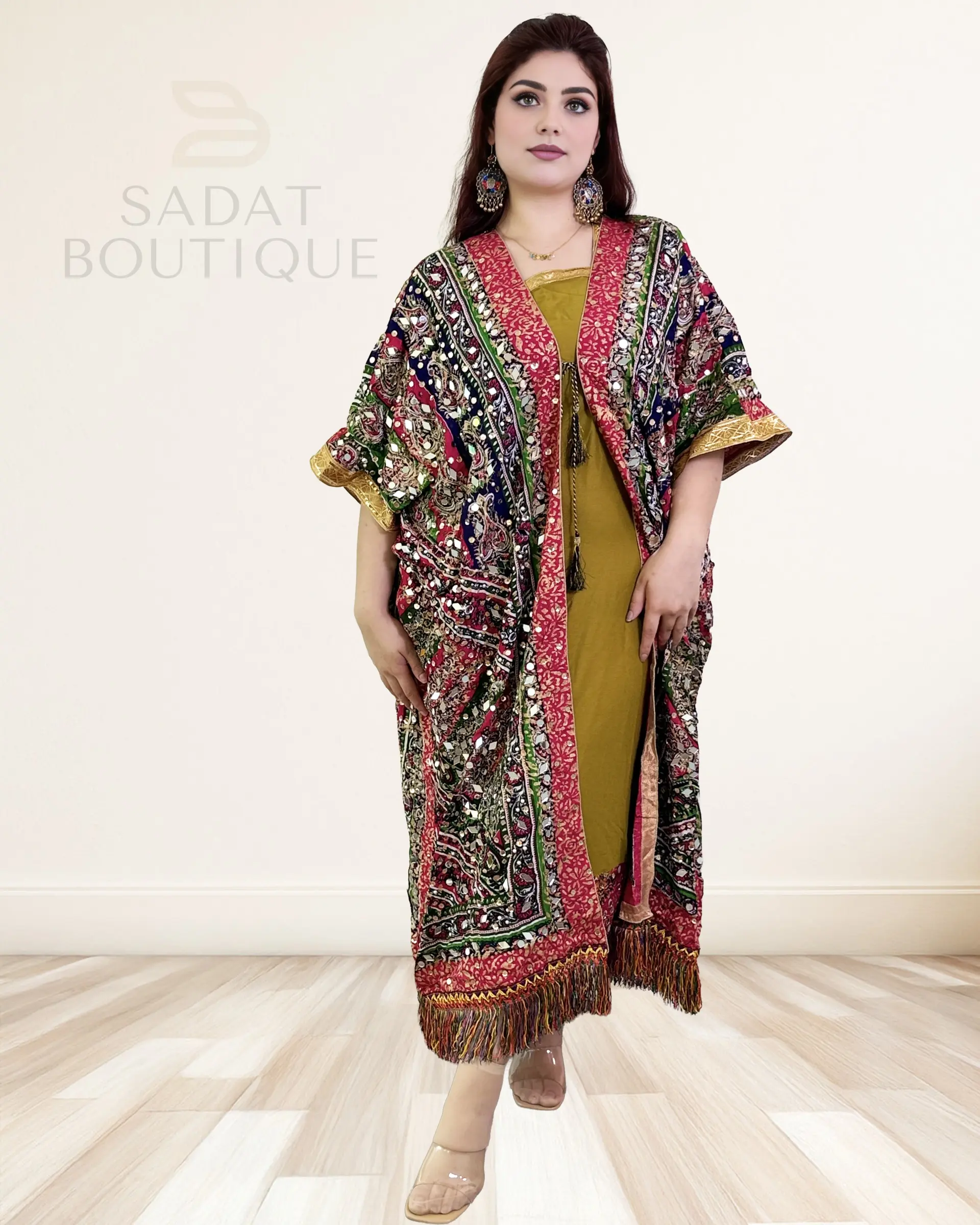 Multicolor Mirror-Work Kaftan with Mustard Inner Dress – Sadat Boutique