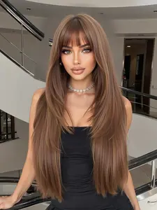 C-Dwy Mid-Length Straight Golden Blonde Wig with Bangs, 28 Inch No Glue Synthetic Hair Wig, Stylish Daily Wear for Women, Synthetic Material Wigs, Glueless Hair Wigs, Natural Looking Wig