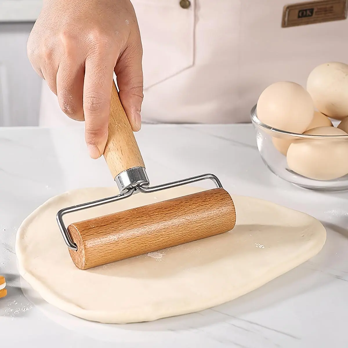 1pc Wood Handle Stainless Steel T-Shaped Dough Roller, Single-Handed Effort-Saving Wooden Rolling Pin for Dumpling Wrappers, Baozi Skin, Kitchen Baking Utensil