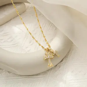 Cross Necklace 14k Gold Plated,Double Cross Pendant,Gold or Silver Plated StainlessSteel Cross Necklaces,Women's Hypoallergenic Cross Necklaces,Cubic Zirconia for Women Men Boy Jewelry Birthday Dainty Gifts,clavicular necklace y2k