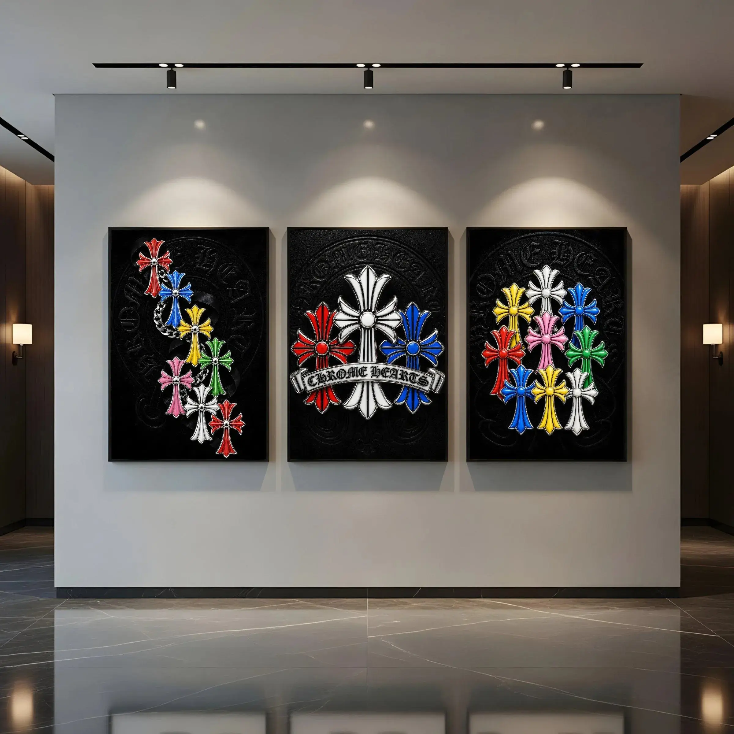 Chrome Hearts 3-Piece Wall Art Set, Colorful Gothic Cross Posters, Hypebeast Y2K Luxury Streetwear Room Home Decor Prints
