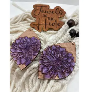 STUNNING Hand-Tooled Genuine LEATHER Earrings - YOUR CHOICE Dahlias Bright Pink or Pretty Purple