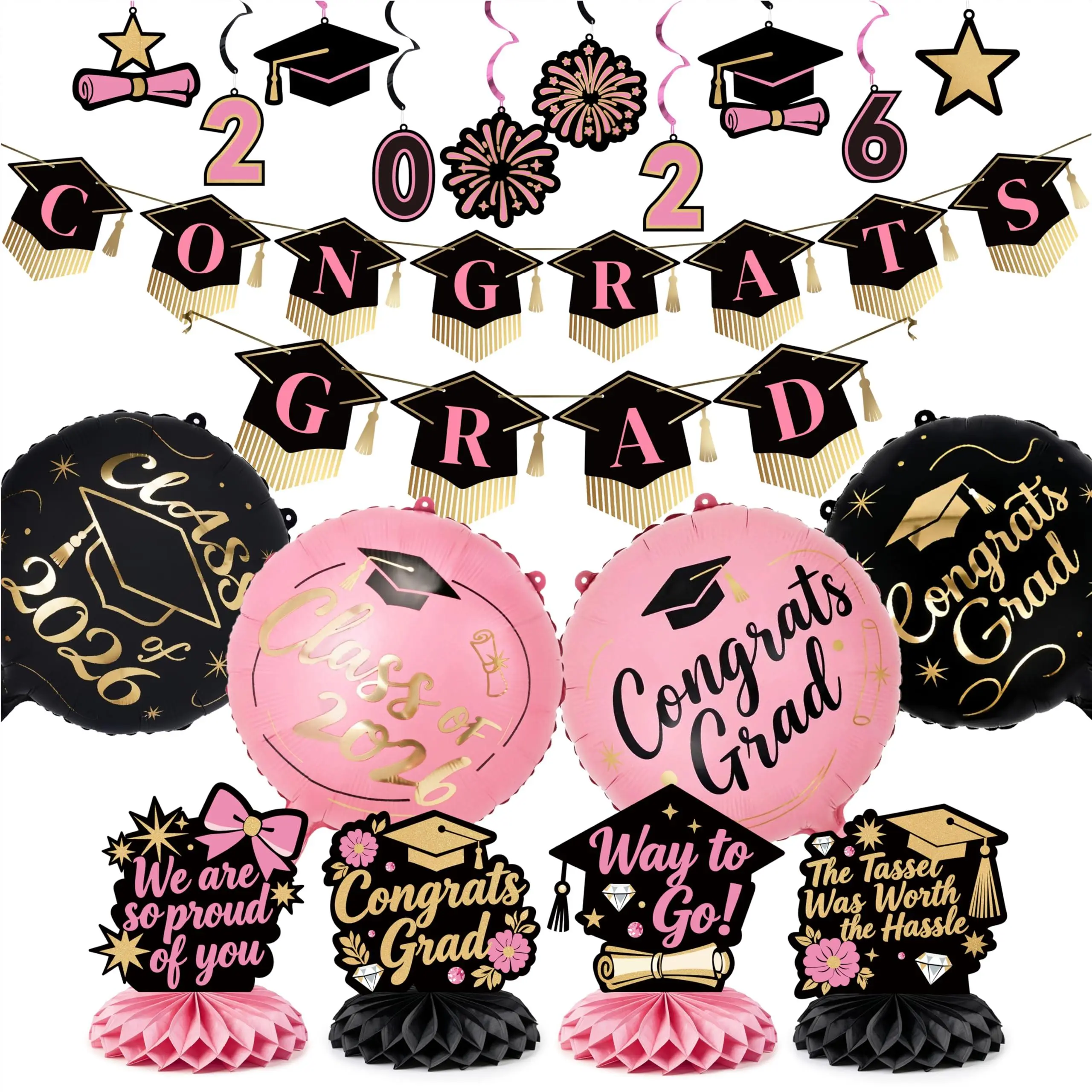 PartyWoo 2026 Graduation Decorations Kit, 19-Piece Black Gold Pink Set with Congrats Banner, Hanging Swirls, Foil Balloons, Grad Cap Centerpieces (Ideal Graduation Gift), Graduation Decorations 2026