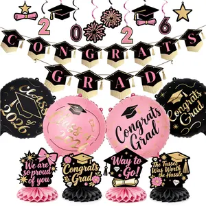PartyWoo Graduation Decorations Class of 2026 Black Gold Pink 19pcs Grad Party Supplies with Congrats 2026 Grad Banner Hanging Swirls Foil Balloons Graduation Cap Centerpieces Party Decorations