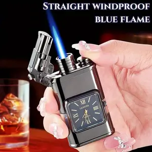 Double Flame Torch Lighter, Outdoor Windproof Portable Butane Gas Refill Lighter, Vintage Quartz Dial Lighter, Men's Gift, Gift Box Packaging (Butane Gas Not Included)