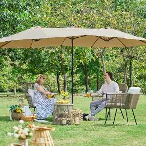 Yaheetech 15/13ft Heavy Duty Canopy Double Layer Cloth Patio Umbrella with 12 Ribs Hand Crank for Easy Opening 2 Sandbags Outdoor Design for Garden Pool and Lawn