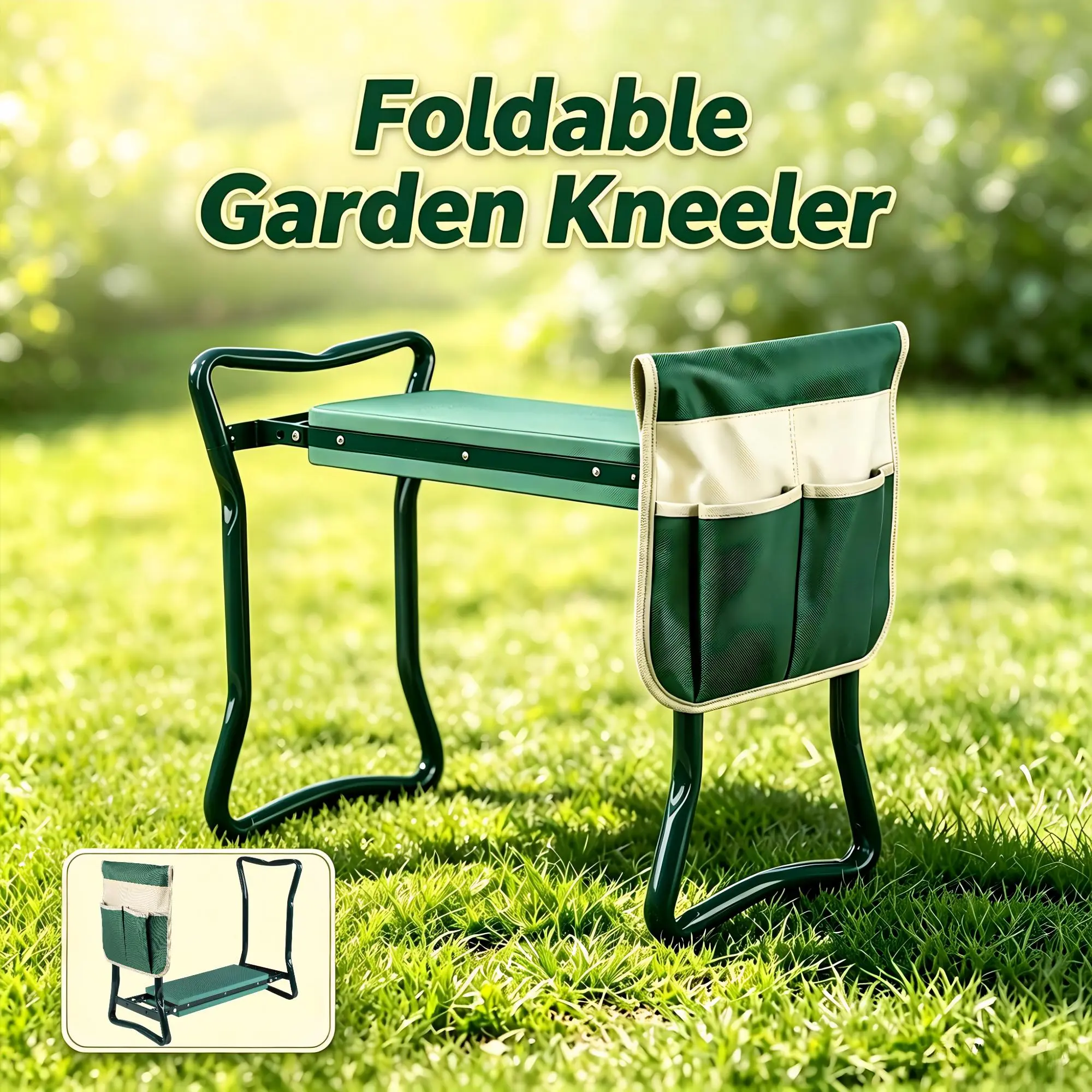 2-in-1 Foldable Garden Kneeling Bench, Sturdy Metal Frame with Soft Knee Cushion & Storage Pouch, Comfort Gardening Seat, Perfect for Lawn Care, Household Cleaning, Fishing & Great Gift for Garden Lovers