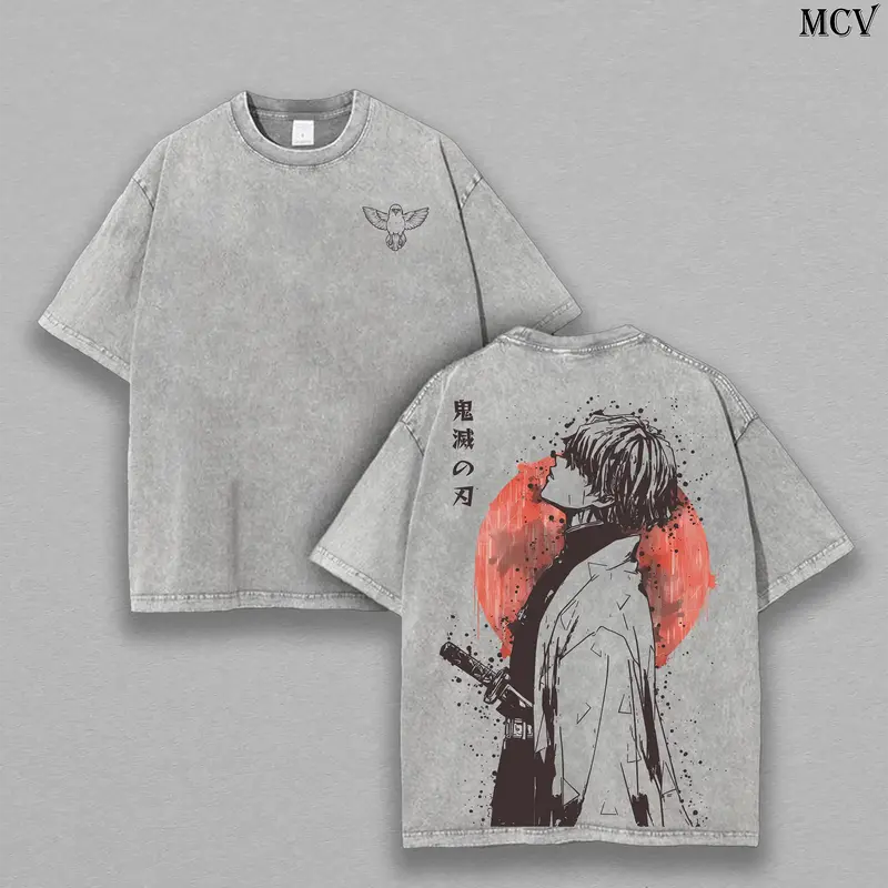 Retro Vintage Limited Zenitsu Agatsuma Demon Slayer Anime Double Printed Washed Tee Unisex Oversize Anime Manga Washed Lightweight Cotton T-Shirt Gift For Anime Fan Casual Style Apparel Oversized