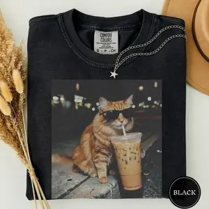 Comfort Colors Funny Cat Drinking Iced Coffee Shirt, Animal Meme Graphic Tee, Silly Novelty Shirt, Sarcastic Meme Gift, Funny Shirt Women Men HS