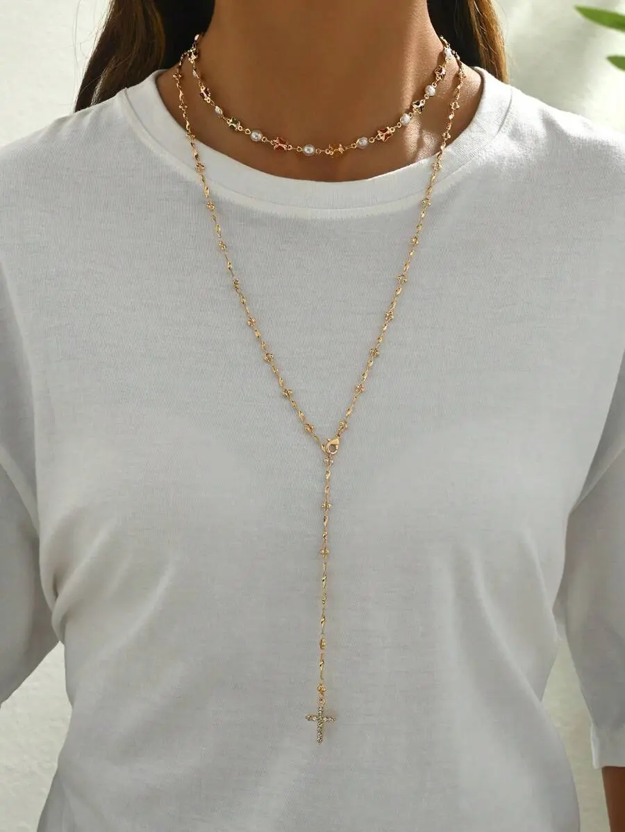 2pcs/Set Handmade Pearl Butterfly Chain Necklace, Minimalist Cross Pendant, Suitable For Daily Wear And Photography, Can Be Given As Mother's Day Gift, Butterfly Colors Are Random, Chain Lengths Are Customized