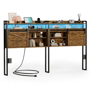 Unlimited Queen King Size 3 Tier Storage Headboard with Outlets, USB Ports and LED Light, Sliding Barn Doors, Width Adjustable