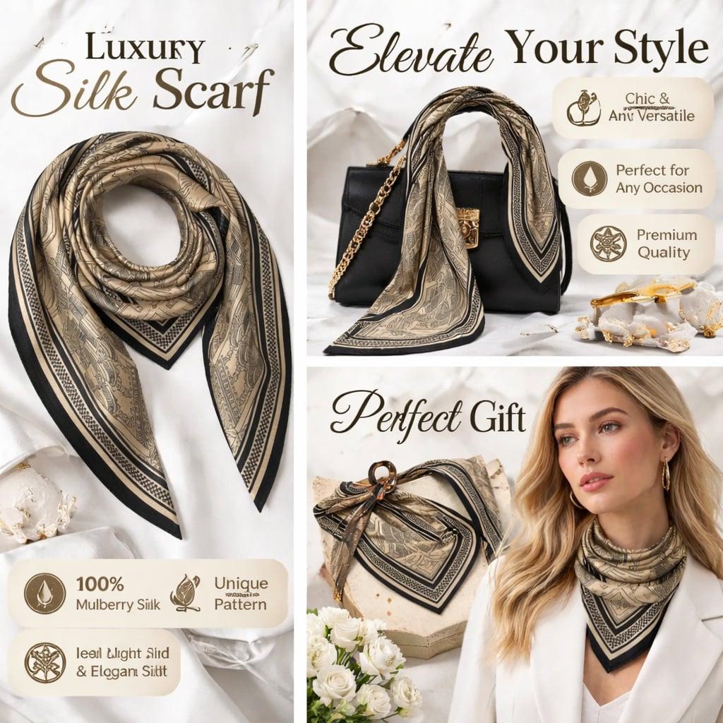 Retro Black & Gold Mulberry Silk Crepe Satin Headscarf with Geometric Print, Sun Protection, Multi-Purpose Women’s Scarf  long night scarf