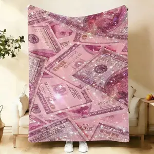 Pink Glitter 100 Dollar Bill Throw Blanket, Soft Flannel Aesthetic Money Blanket for Couch, Warm Fluffy Cash Blanket, 3D Printed Sparkle Dollar Decor, Y2K Aesthetic Room Decor, All Season Flannel Blanket, Perfect Gift for Her, Birthday Gift for Money Love