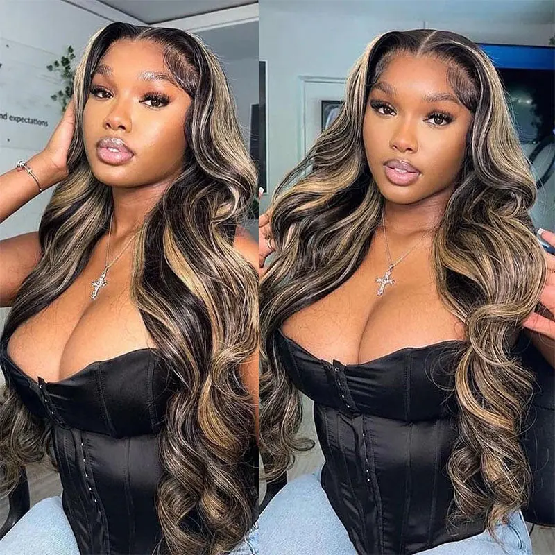 Megalook 13x6 Three-Go Balayage Highlight Glueless Wigs Silky Straight With Drawstring 100% Human Hair Wig
