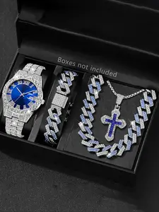 Men's Luxury Quartz Watch Set with Jewelry, Silver Color Bracelet & Necklace Ring, Stainless Steel Strap, Fashion Fall Trend Gift