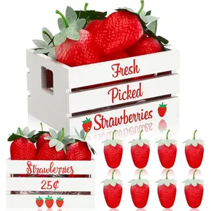 Strawberry Table Decor, Rustic Summer Tiered Tray Decor Mini Wooden Crate with 8 Fake Strawberry, Farmhouse Table Centerpiece Berry Decoration for Kitchen Mantel Shelf, Baby Shower Party Supply