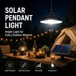 Solar Pendant Light with Remote Control, White LED Hanging Light with Solar Panel, Dimmable Solar Camping Light for Patio, Porch, Shed, Tent and Outdoor Decor