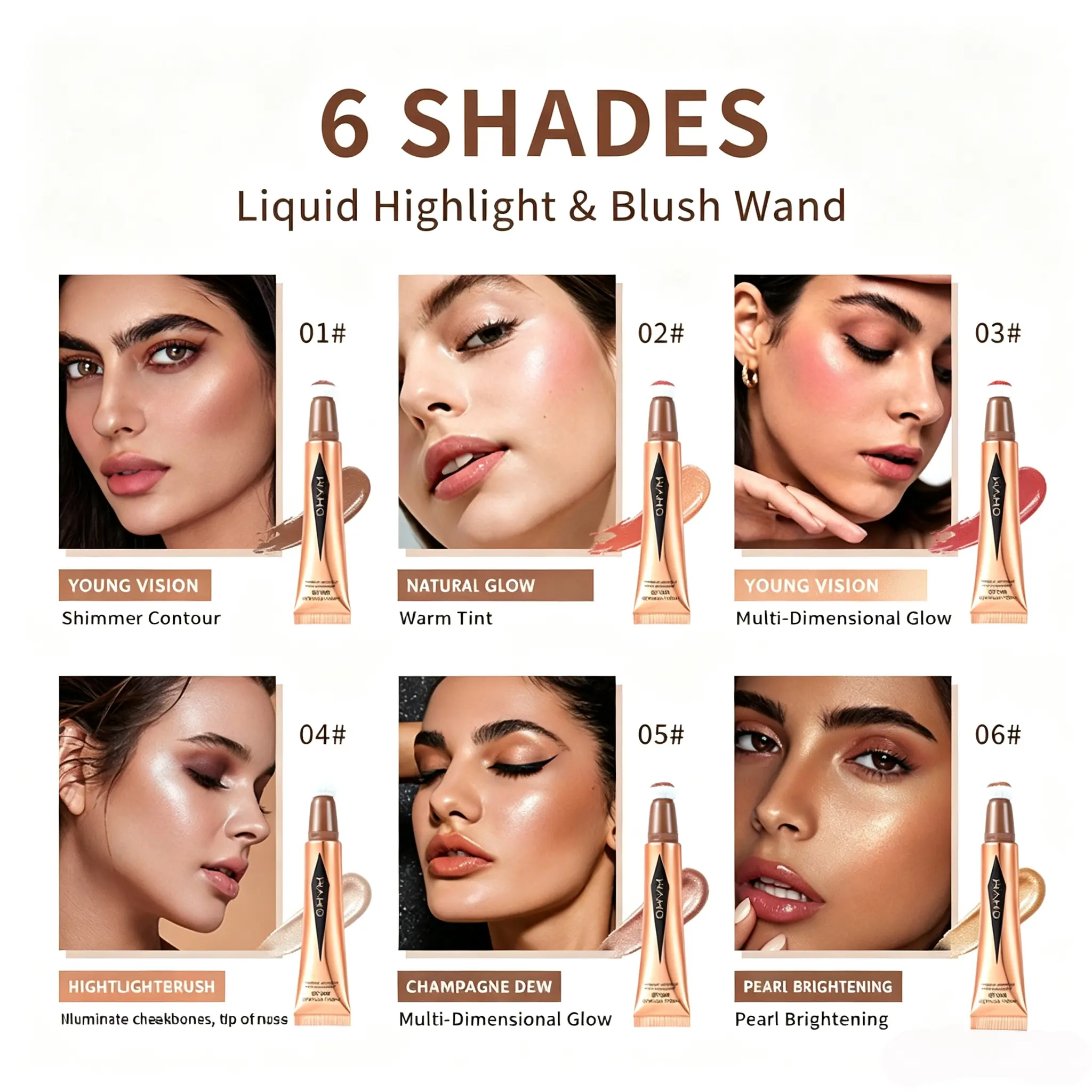 YOUNG VISION 6-Shade Liquid Blush Highlight Contour Wand Set, Cushion Applicator Cream Cheek Makeup, Flawless Blendable Smooth Long-Wear Natural Flush Portable Cosmetic For All Skin Tones