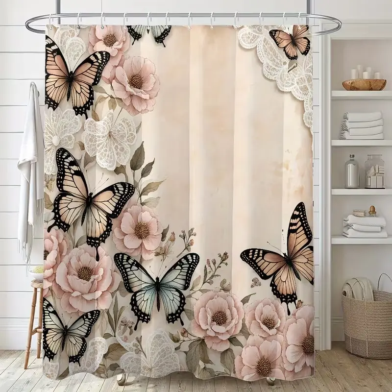 Pink butterfly print shower curtain, Aesthetic shower curtain, Decorative shower curtain, Bathroom Accessory, perfect for bathroom decor, beautifies the space, easy to clean, available in multiple sizes, includes shower curtain hooks