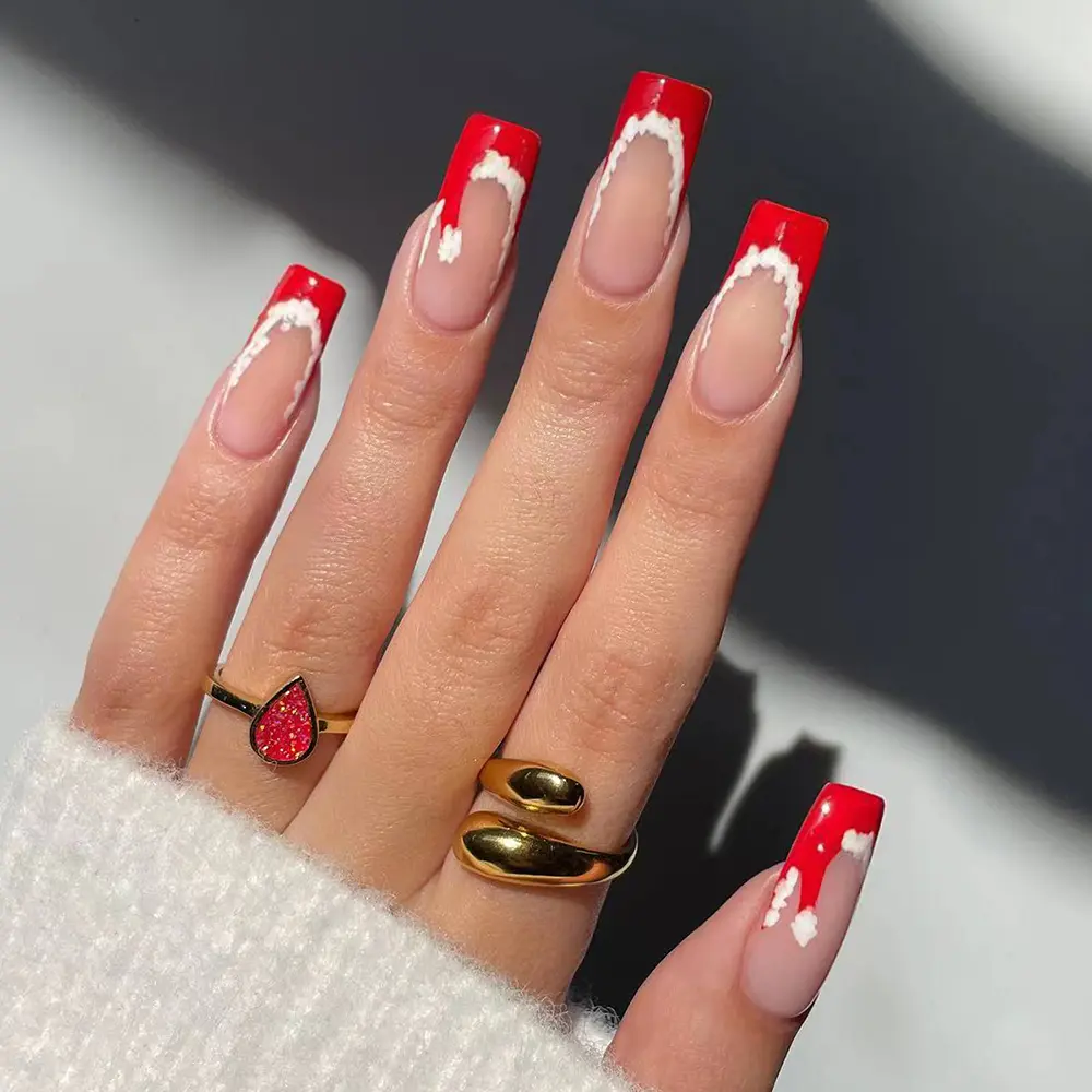 Christmas 24pcs Square French Press-On Nails, Christmas Hat Design, Winter Style, Full Coverage Acrylic False Nails, Includes Jelly Glue and Nail File