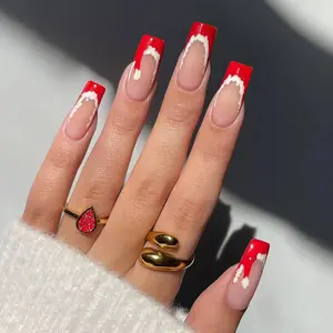 Christmas 24pcs Square French Press-On Nails, Christmas Hat Design, Winter Style, Full Coverage Acrylic False Nails, Includes Jelly Glue and Nail File