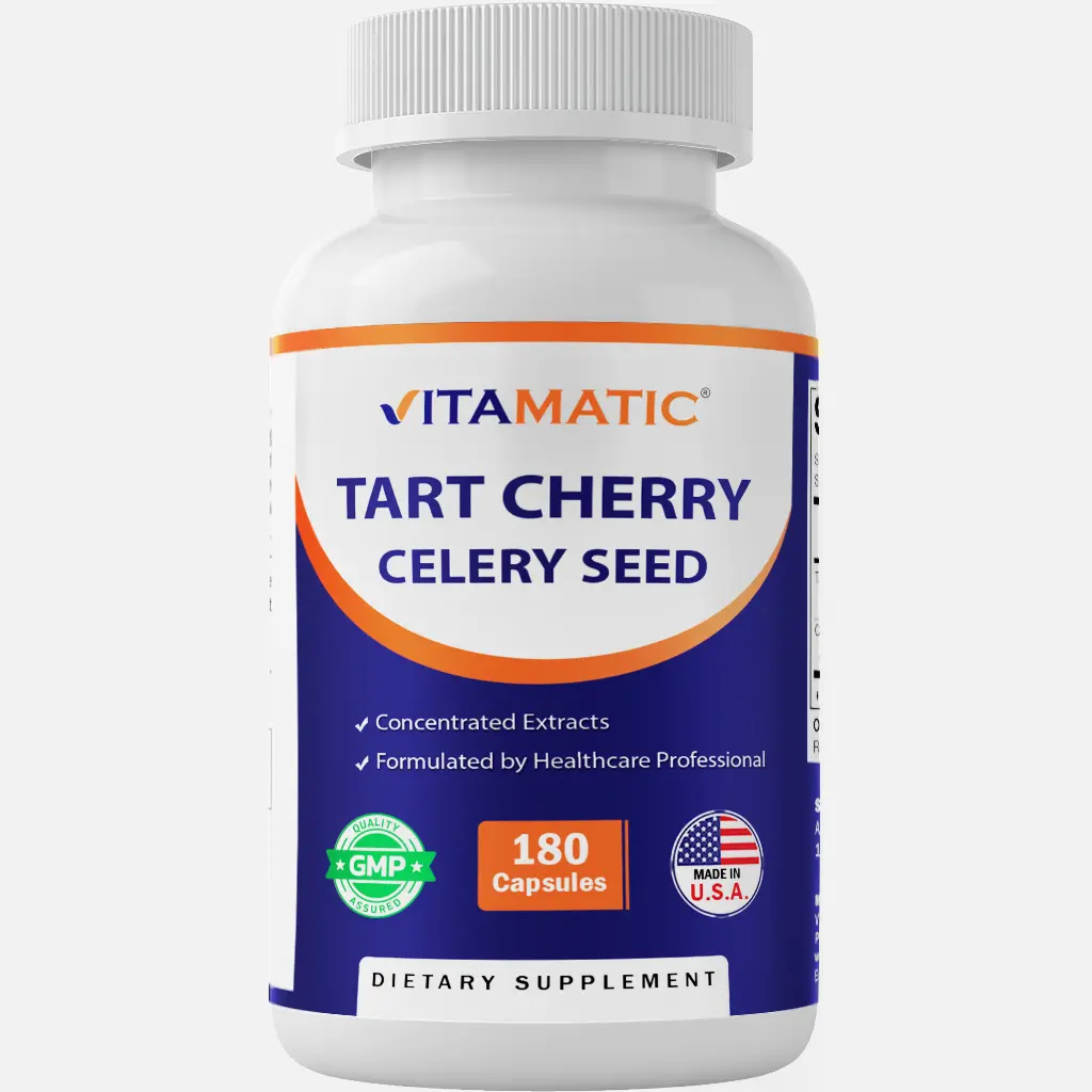 Vitamatic Tart Cherry 20X Extract with Celery Seed 10X Concentrated Extract - 180 Veg Capsules, US Healthcare Dietary Supplement, Antioxidant, Vegetarian, Non-GMO, Gluten-Free