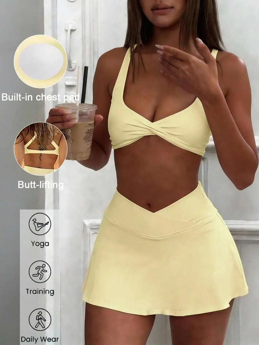 Gym Outfit Women's Sports Two Pieces Summer Sexy Halter Top With Breast Pad And High Waisted Hip Pant Skirt For Exercise Yoga Gym