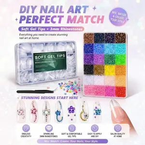 #Summervibes DIY Nail Art Kit: 510PCS Pre-Etched Extra Short Clear Gel Nail Tips & 32000Pcs 3mm Multicolor Flatback Resin Jelly Rhinestones Bedazzling Jewels Set with Gifted Tools