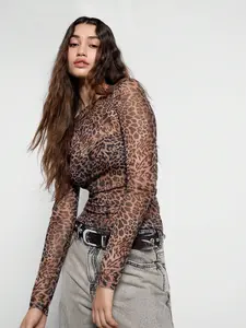 New Fashion Mesh Round Neck Long Sleeve Leopard Print Slimming T-Shirt for Women, Stylish Casual Top, Comfortable and Trendy Design