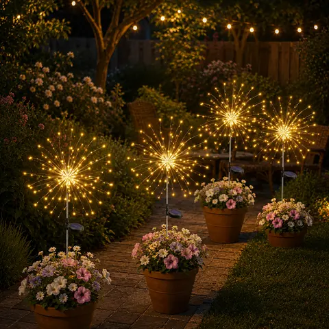 Outdoor Solar Firework Lights, 4 or 8 Pack Waterproof Garden Stake Lights, Automatic Dusk-to-Dawn Glow, 480 or 960 LEDs Total for Yard, Patio, Pathway, Walkway & Landscape Decor